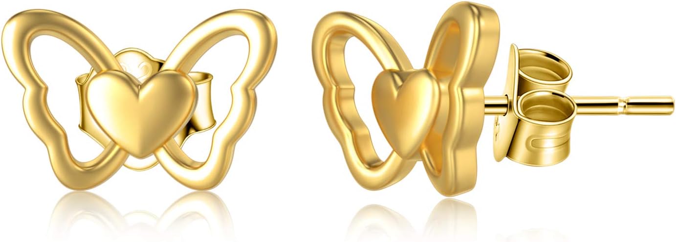 14K Solid Yellow Gold Butterfly Heart Earrings, Real Gold Push Back Stud Earring Love Jewelry for Women, Metal, yellow-gold