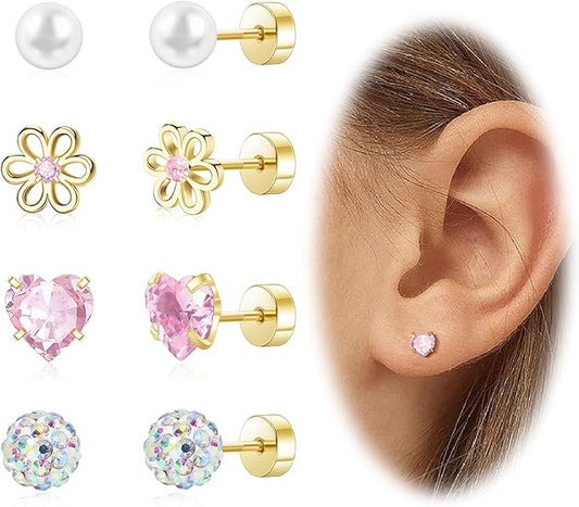 Hypoallergenic Earrings for Girls Toddler Surgical Steel Screw Flat Back Earrings for Sensitive Ears Women14K Gold Silver Earring Cute Heart Flower Pearl Star Stud Earring Sets