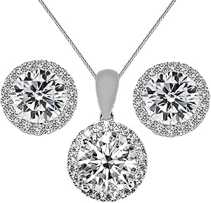 Jewelry 14K White Gold Cubic Zirconia Halo Earring and Pendant Set