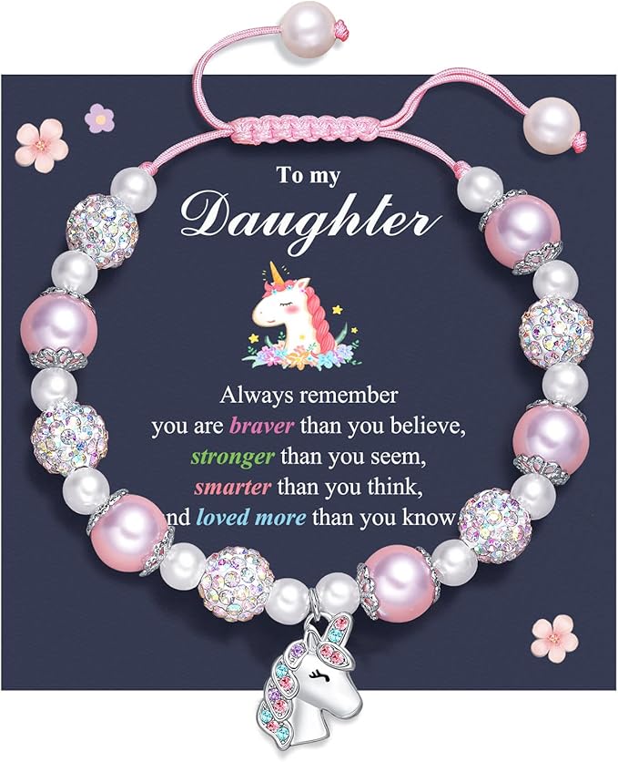 PINKDODO Unicorn Pink Pearl and Rhinestone Bracelet for Daughter/Granddaughter/Niece Christam Birthday Gifts for Girl Jewelry