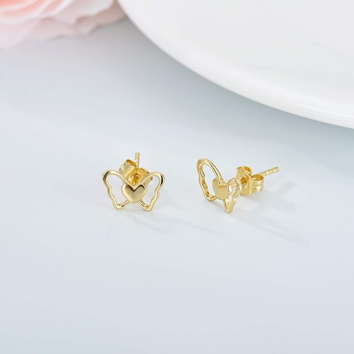14K Solid Yellow Gold Butterfly Heart Earrings, Real Gold Push Back Stud Earring Love Jewelry for Women, Metal, yellow-gold