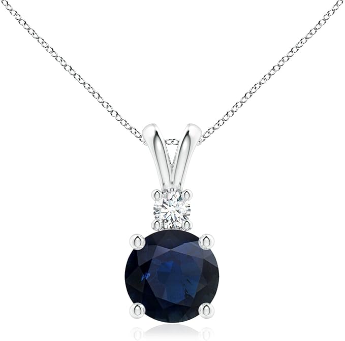 Angara Natural Round Blue Sapphire Solitaire V-Bale Pendant/Necklace with Diamond in Sterling Silver/14K Solid Gold/Platinum for Women | September Birthstone Jewellery for Her | Wedding