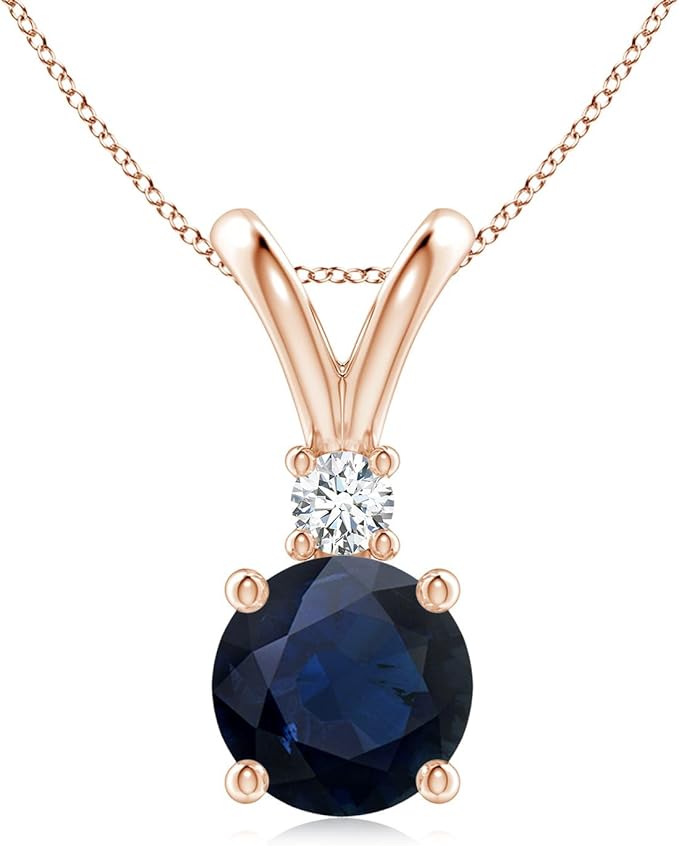 Angara Natural Round Blue Sapphire Solitaire V-Bale Pendant/Necklace with Diamond in Sterling Silver/14K Solid Gold/Platinum for Women | September Birthstone Jewellery for Her | Wedding