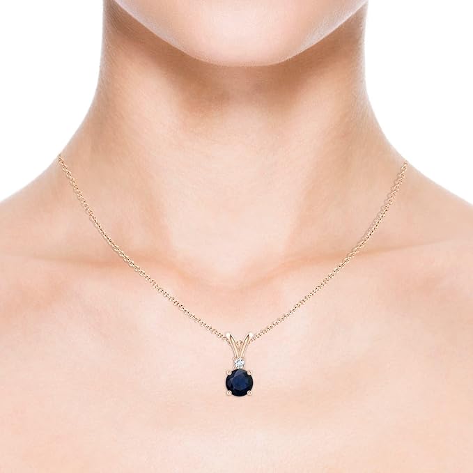 Angara Natural Round Blue Sapphire Solitaire V-Bale Pendant/Necklace with Diamond in Sterling Silver/14K Solid Gold/Platinum for Women | September Birthstone Jewellery for Her | Wedding