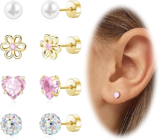 Hypoallergenic Earrings for Girls Toddler Surgical Steel Screw Flat Back Earrings for Sensitive Ears Women14K Gold Silver Earring Cute Heart Flower Pearl Star Stud Earring Sets