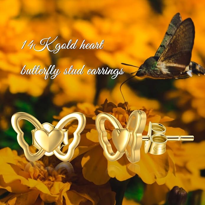 14K Solid Yellow Gold Butterfly Heart Earrings, Real Gold Push Back Stud Earring Love Jewelry for Women, Metal, yellow-gold