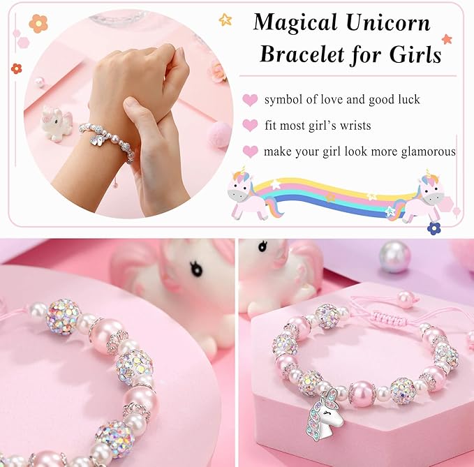 PINKDODO Unicorn Pink Pearl and Rhinestone Bracelet for Daughter/Granddaughter/Niece Christam Birthday Gifts for Girl Jewelry