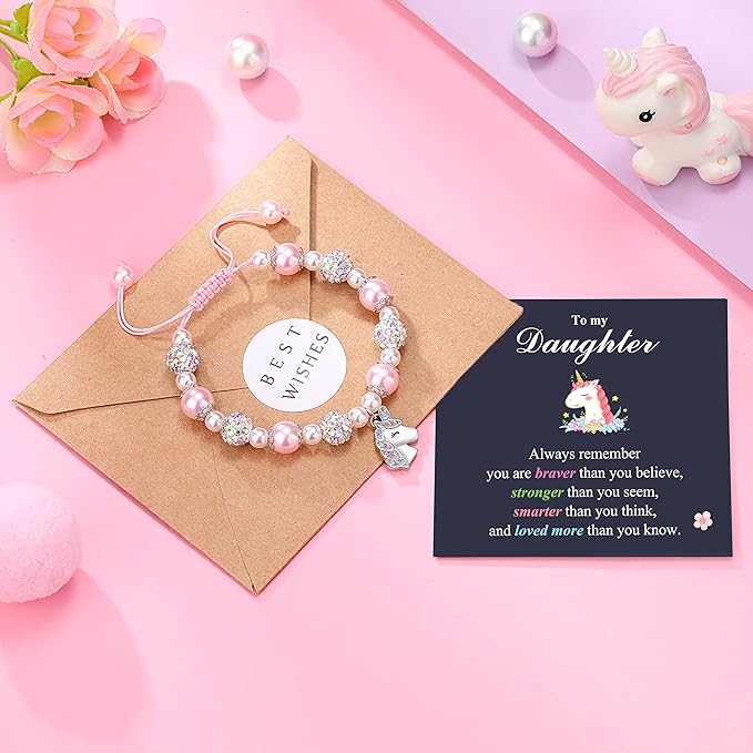 PINKDODO Unicorn Pink Pearl and Rhinestone Bracelet for Daughter/Granddaughter/Niece Christam Birthday Gifts for Girl Jewelry